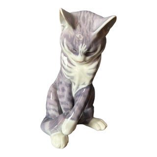 Royal Copenhagen Grey Tabby Cat Figurine (Model #340), Designed by Erik Nielsen. Cat Playing With Tail — Mid Century Danish Porcelain Figurine For Sale