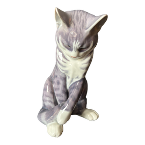 Royal Copenhagen Grey Tabby Cat Figurine (Model #340), Designed by Erik Nielsen. Cat Playing With Tail — Mid Century Danish Porcelain Figurine