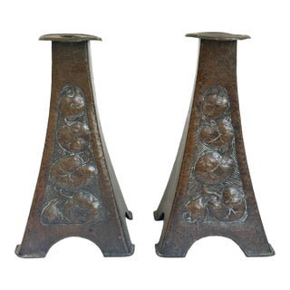 Antique Original Arts & Crafts Hammered Copper Candle Sticks a Pair C. 1905 For Sale
