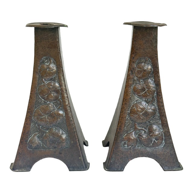 Antique Original Arts & Crafts Hammered Copper Candle Sticks a Pair C. 1905 For Sale