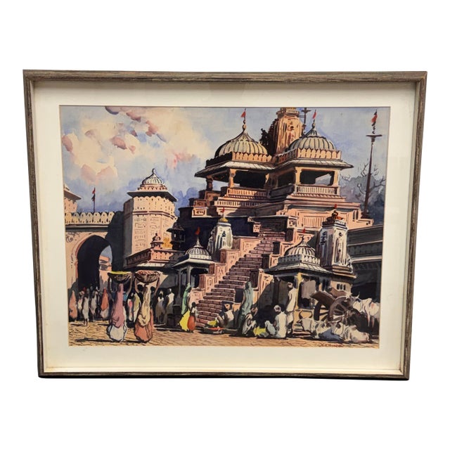 Siva Temple + Bundi Gate Original Watercolor Painting, Framed For Sale