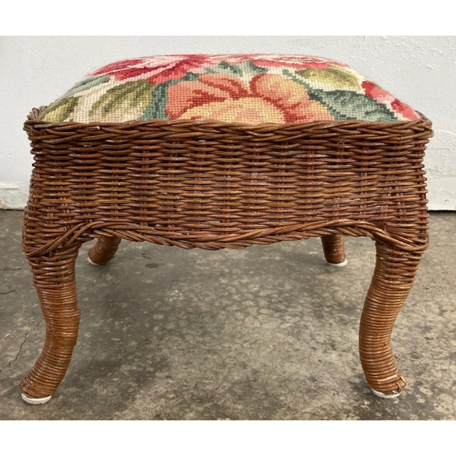 Vintage Wicker Stool With Floral Needlepoint For Sale - Image 10 of 10