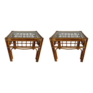 Mid 20th Century Pair of Vintage Rattan and Bentwood Glass Top Side Tables - In the Style of Franco Albini