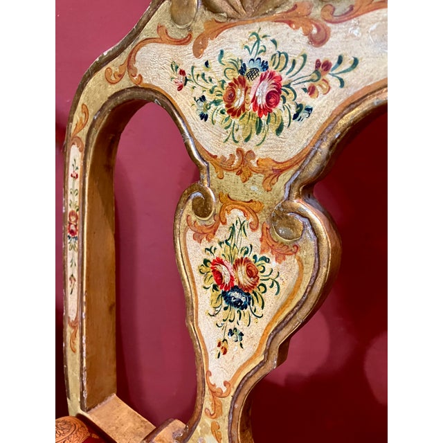 Venetian Lacquered Rococo-Style Armchairs with Hand-Painted Floral Décor and Theater-Inspired Upholstery, Set of 2 For Sale - Image 9 of 13