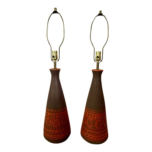 Pair Mid Century Brown and Orange Pottery Conical Lamps For Sale