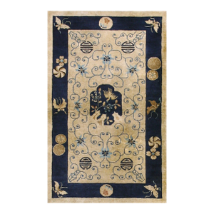 1930s Beige Floral Shou Antique Chinese Peking Rug 3' 0''x 4' 10'' Handknotted Wool Carpet