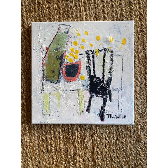 Mixed media (acrylic, paint skins, paint stick, paper) on canvas, 12 x 12 x .75. Edges painted white, back wired, ready to...