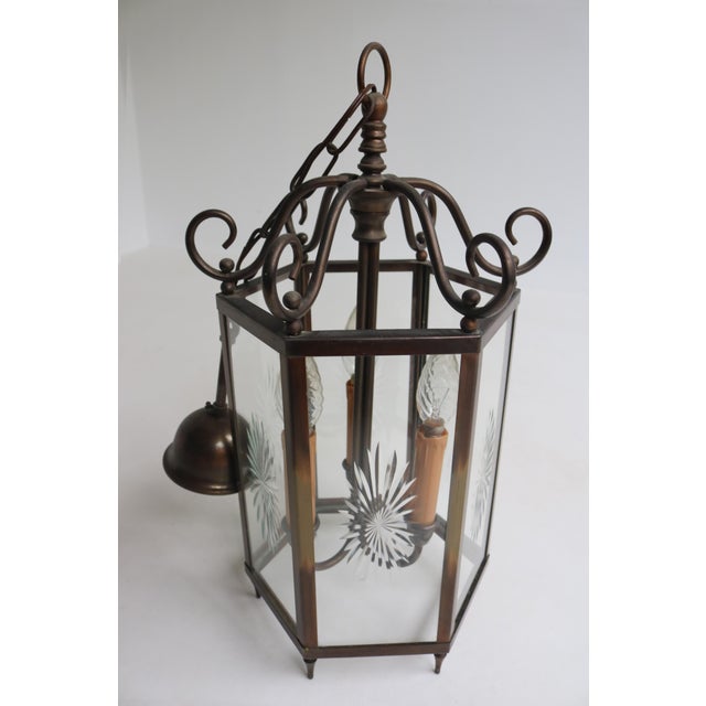 French Neoclassical Brass and Star Etched Glass Hanging Lantern, 1950s For Sale - Image 9 of 13