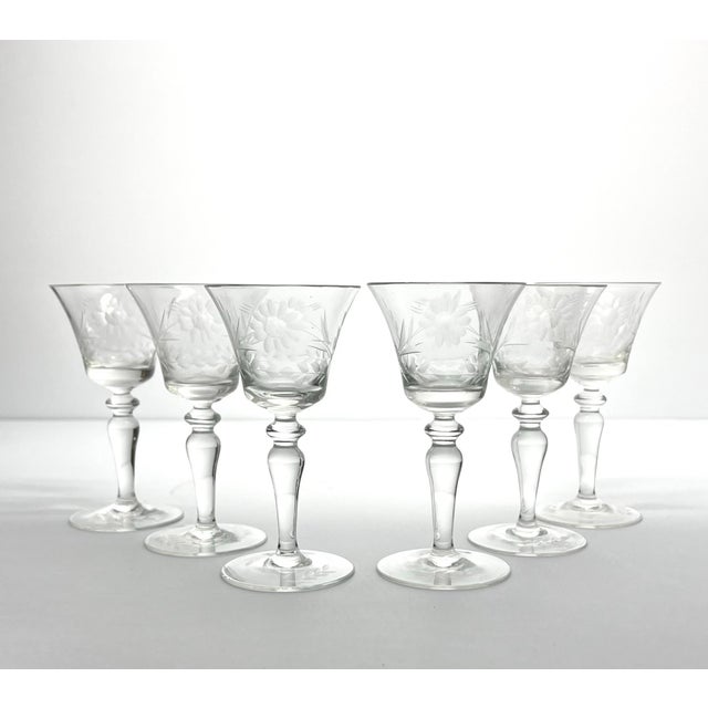 1950s Vintage Mid-century 6 Etched Flower Cordial Liquor Wine Glasses 4 1/4” 1oz Excellent condition. No chips, cracks, or...