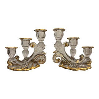 1930s Cambridge Glass Valencia Etched & Gilt 3-Light Candelabra – Pair For Sale