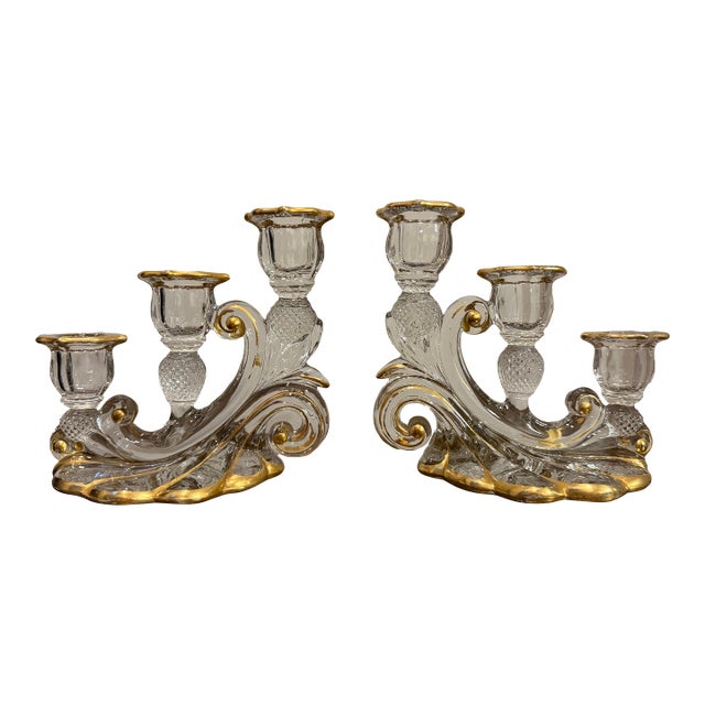 1930s Cambridge Glass Valencia Etched & Gilt 3-Light Candelabra – Pair For Sale