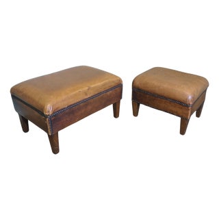 Sturdy Leather Library Ottomans, 1900, Set of 2 For Sale
