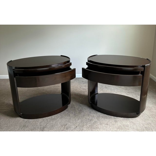 An elegant and highly refined pair of Barbara Barry for McGuire oval nightstands or end tables, embodying the designer’s...