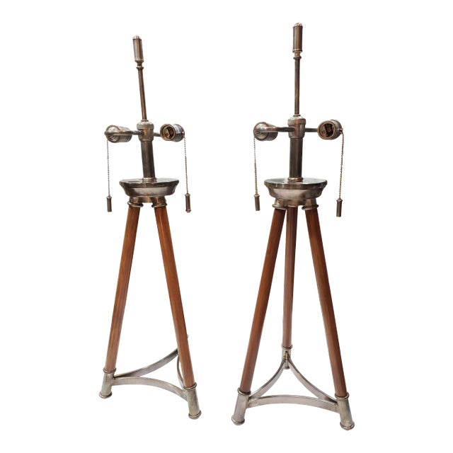 1970s Solid Maple and Nickel Tripod Table Lamps - a Pair For Sale