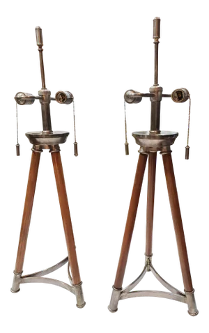 1970s Solid Maple and Nickel Tripod Table Lamps - a Pair