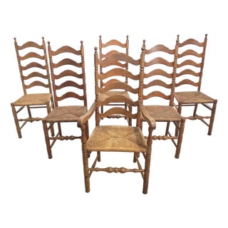Set of 6 French Provincial Ladderback Dining Chairs With Rush Seats, Oak, Mid-Century For Sale