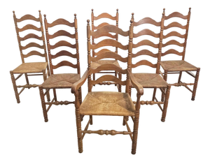 Set of 6 French Provincial Ladderback Dining Chairs With Rush Seats, Oak, Mid-Century