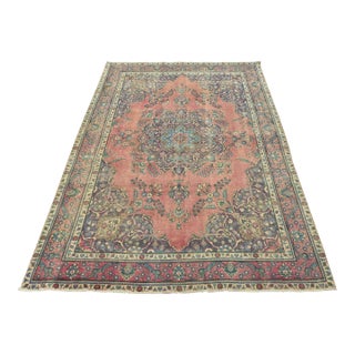 Tabriz Rug 9’7” X 12’7” Pink Wool Vintage Distressed Hand-Knotted Carpet For Sale