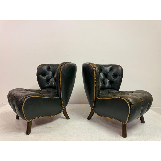 Danish Lounge Slipper Chairs in Green Patinated Leather, 1940s, Set of 2 For Sale - Image 13 of 18