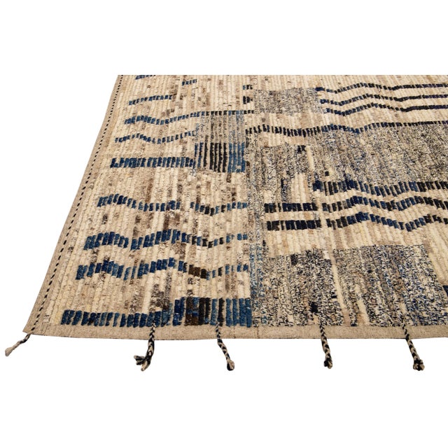 Modern Boho Beige Moroccan Style Handmade Tribal Pattern Square Wool Rug For Sale - Image 4 of 10