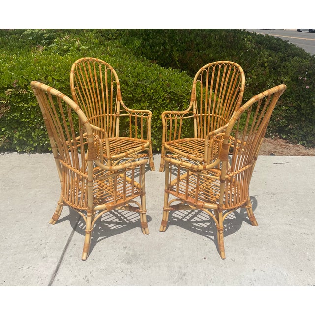Mid 20th Century Vintage Rattan High Back Windsor Armchairs, a Set of 4 in the Style of Franco Albini For Sale - Image 5 of 9