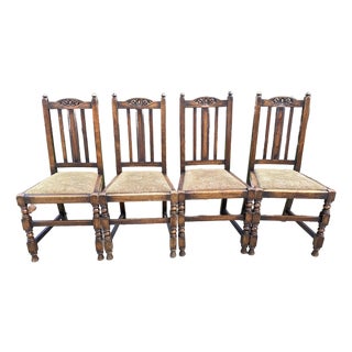 Antique Early 20th Century Carved Oak Jacobean Revival Side Dining Chairs-Set of 4 For Sale