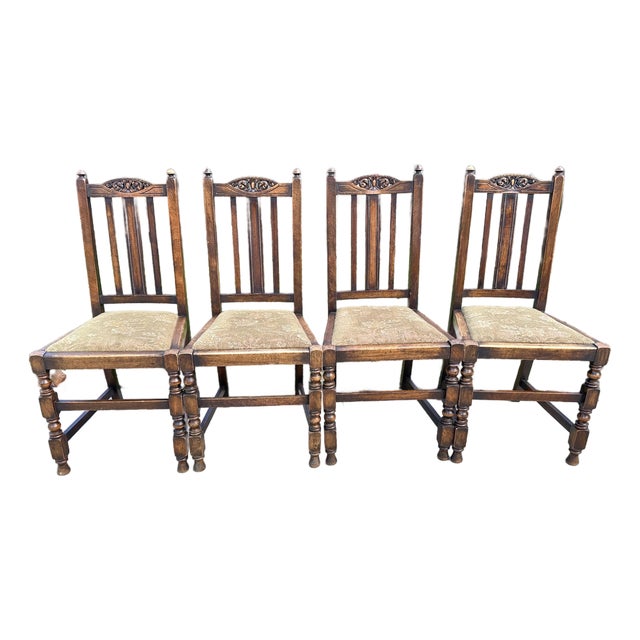 Antique Early 20th Century Carved Oak Jacobean Revival Side Dining Chairs-Set of 4 For Sale