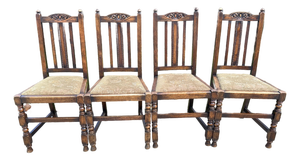 Antique Early 20th Century Carved Oak Jacobean Revival Side Dining Chairs-Set of 4