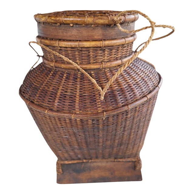 1960s Handwoven Asian Thailand Storage Basket With Lid For Sale