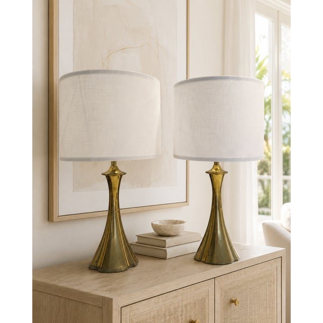 Mid-Century Modern 70s Vintage Brass Flared Trumpet Table Lamps Attributed to Tony Paul - A Pair For Sale - Image 3 of 12