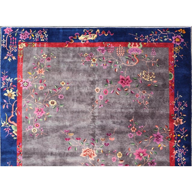 Navy Blue Antique Art Deco Rug in Soft Grey Field With Navy Blue and Red Border For Sale - Image 8 of 14