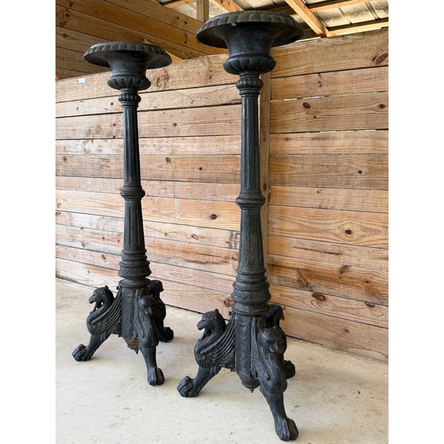 Monumental Antique Cast Iron Figural Neoclassical Griffin Garden Pedestals or Jardinieres, 19th Century-Pair For Sale In Naples, FL - Image 6 of 12