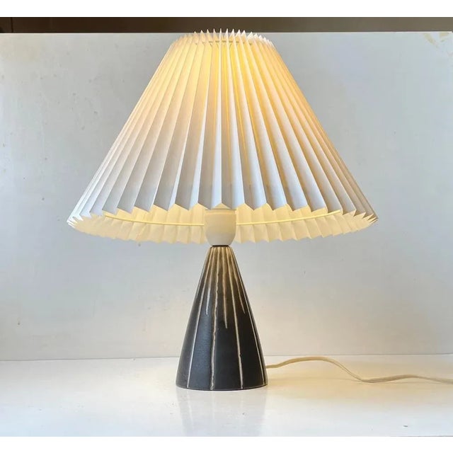 - Striped ceramic table lamp often attributed Svend Aage Holm-Sorensen and Svend Aage Madsen. - Slate grey main glaze...