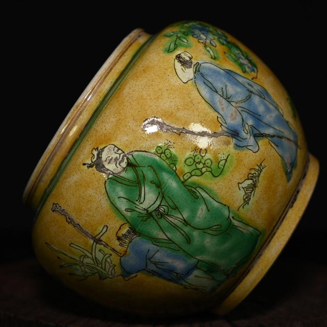 1950s Sancai Yellow Ground Porcelain Jar, Chinese Scholar Figural Scene Pot For Sale - Image 4 of 9
