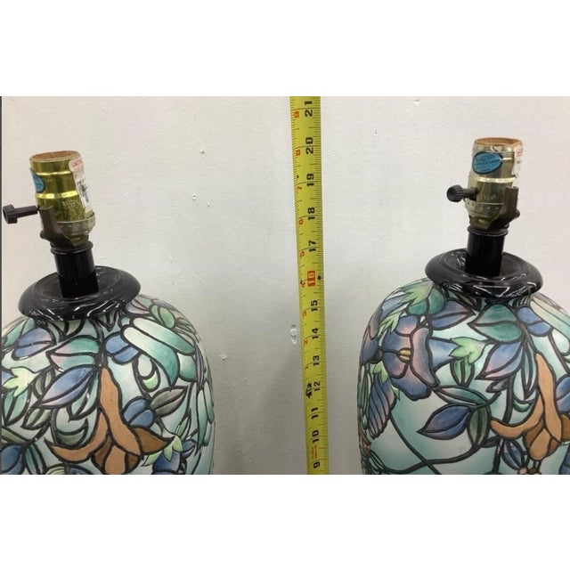 Art Nouveau Pair of Art Nouveau Floral Cloisonné-Style Ceramic Table Lamps With Hollywood Provenance For Sale - Image 3 of 4