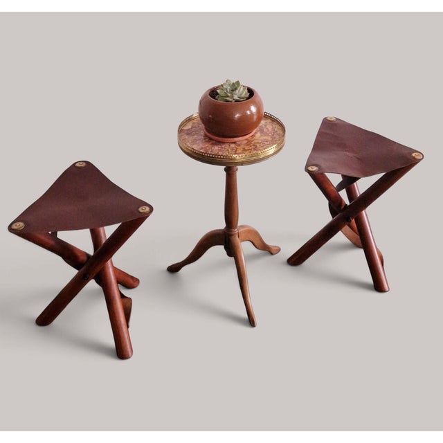 Folding Stools in Teak and Brown Leather, 1970s, Set of 2 For Sale - Image 14 of 18