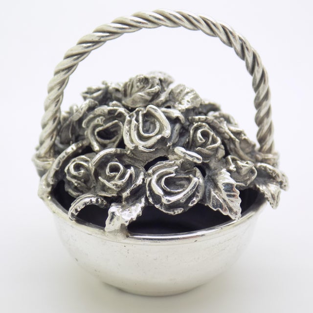 Vintage Italian Handmade Genuine Sterling Silver 925 Basket of Roses Figurine, Dollhouse Miniature by Raspini For Sale - Image 4 of 11