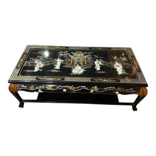 Vintage Black Chinoiserie Coffee Table With Shellwork & Glass Top For Sale
