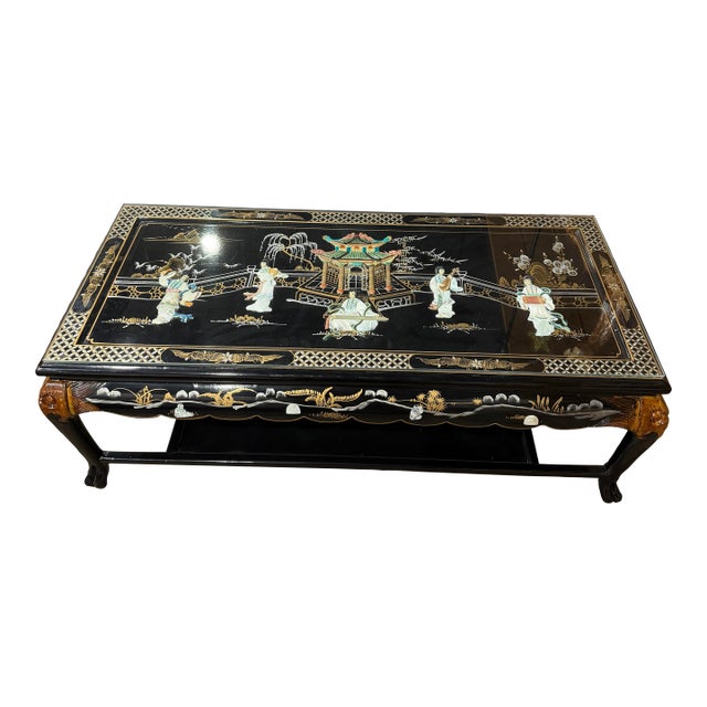 Vintage Black Chinoiserie Coffee Table With Shellwork & Glass Top For Sale