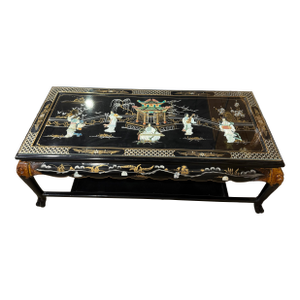 Vintage Black Chinoiserie Coffee Table With Shellwork & Glass Top