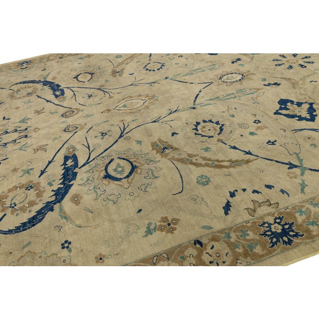 Vintage Tabriz Style Wool Area Rug – Neutral Persian Design With Indigo Accents For Sale - Image 9 of 11