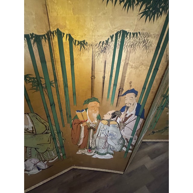 Wood Monumental Vintage Chinese Six-Panel Gilt Folding Screen With Bamboo and Scholars For Sale - Image 7 of 12