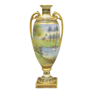 Antique Nippon Hand Painted Twin Handled Gold Gilt Lake & Swan Scene Bolted Vase
