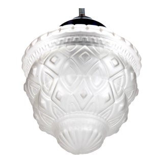 Schneider Style French Art Deco Frosted White Glass Pendant Fixture For Sale