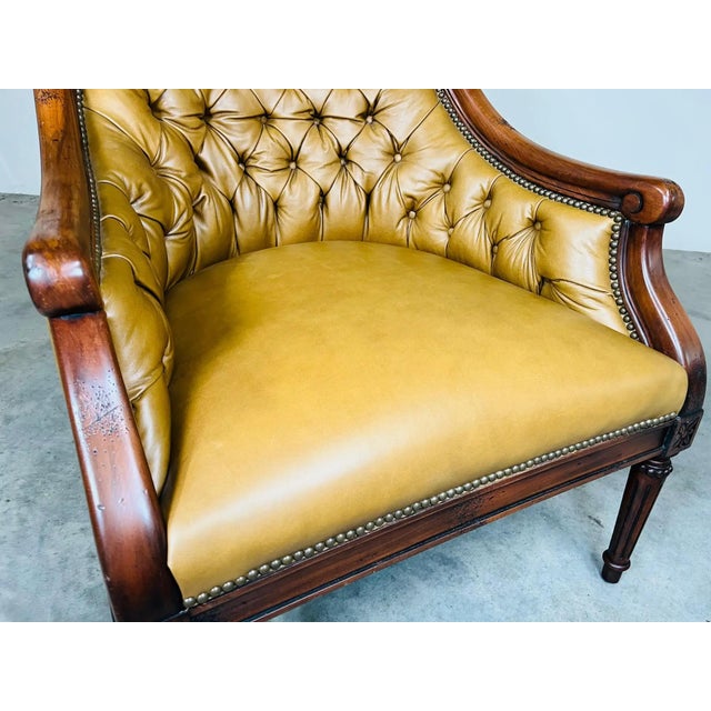 Louis XVI Style Tufted Golden Cognac Leather Lounge Chair by Old Hickory Tannery For Sale In Philadelphia - Image 6 of 12