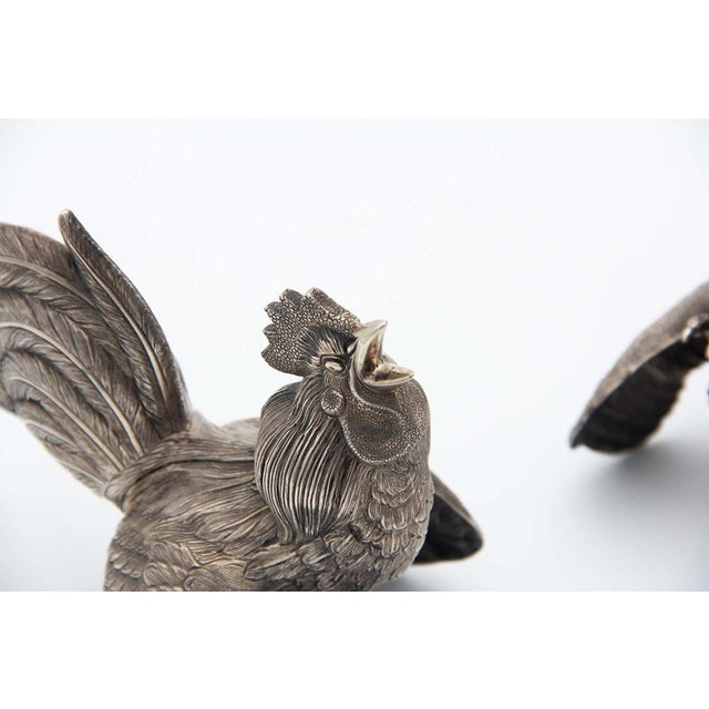 Embossed Silver Fighting Cocks, Set of 2 For Sale - Image 5 of 6