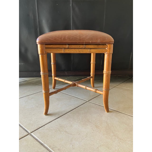 Mid-Century Modern Vintage Rattan Leather Bench For Sale - Image 3 of 6