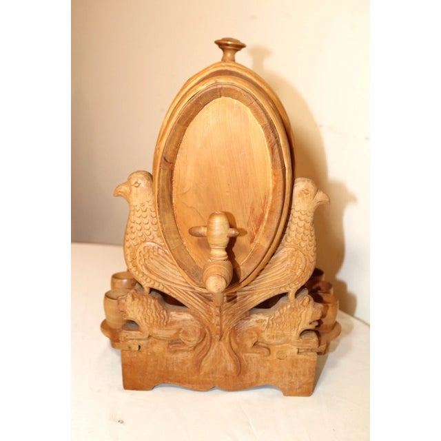 Folk Art Hand Carved Vintage Wood Moonshine Shot Wine Barrel Dispenser Sculpture Folk Art For Sale - Image 3 of 12