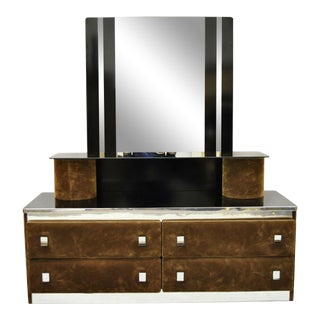 Vintage Art Deco Style Brown Upholstered Vanity Dressing Table Stand With Mirror For Sale