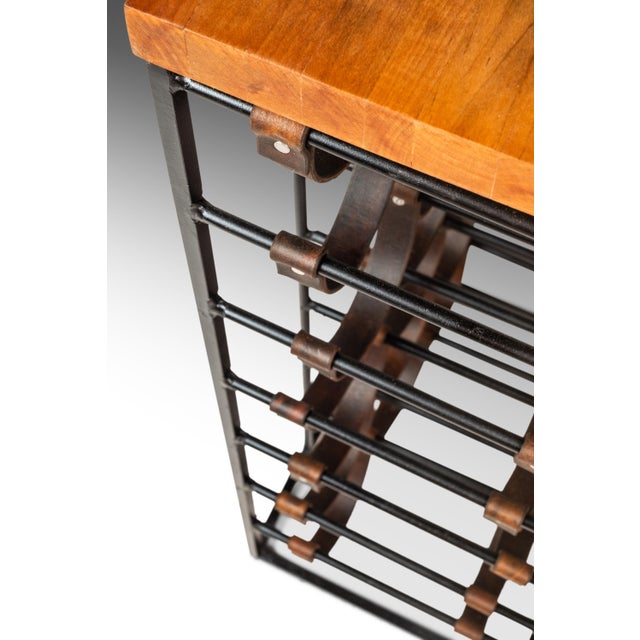 Mid-Century Modern 21 Bottle Wine Rack in Leather & Wrought Iron W/ Butcher Block Top Attributed to Arthur Umanoff, Usa, C. 1960s For Sale - Image 16 of 18